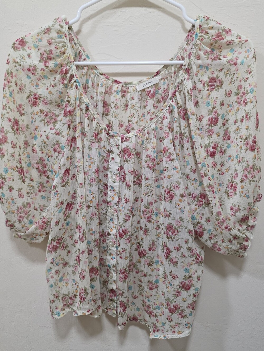 Poetry Floral Peasant Blouse in Cream, Pink and Blue